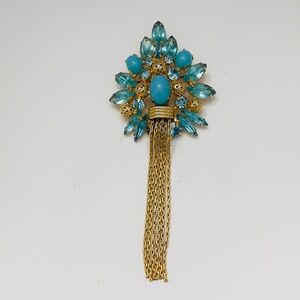 BROOCH ALICE CAVINESS ESTATE JEWELRY FRINGE BLUE GLASS CABOCHON VINTAGE 5”